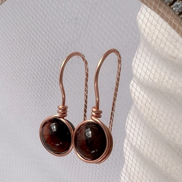 Red Tiger Eye Minimalist Copper Wire Wrapped Earrings - Picture 1 of 13